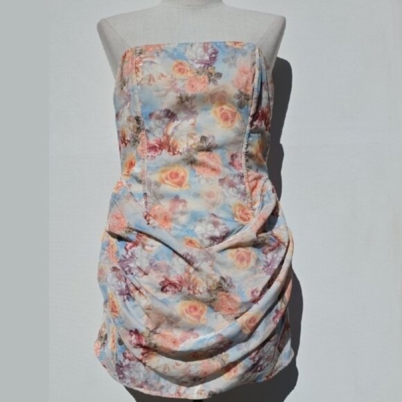 NWT FOR LOVE AND LEMONS DELPHINE RUCHED STRAPLESS BLUE DRESS W/ROSE PRINT S - Picture 4 of 6